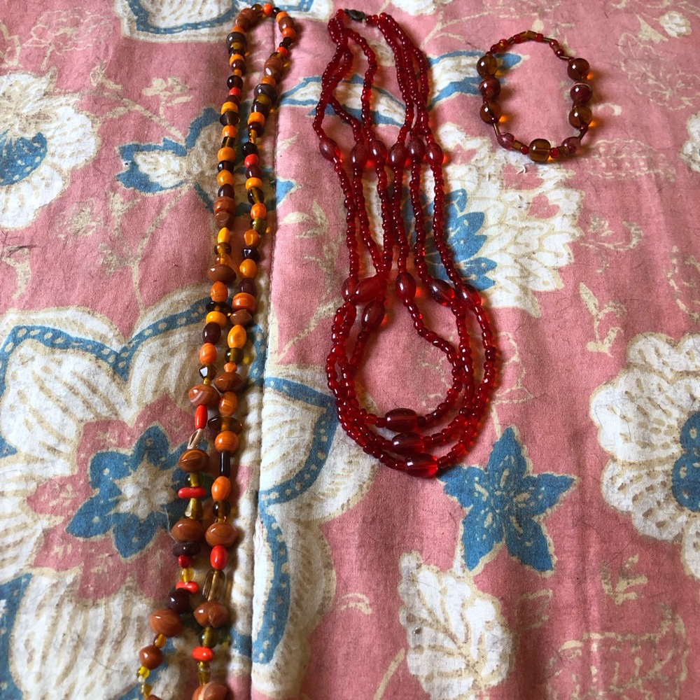 Red and Brown Beaded Layered Necklace Set - Women Jewelry
